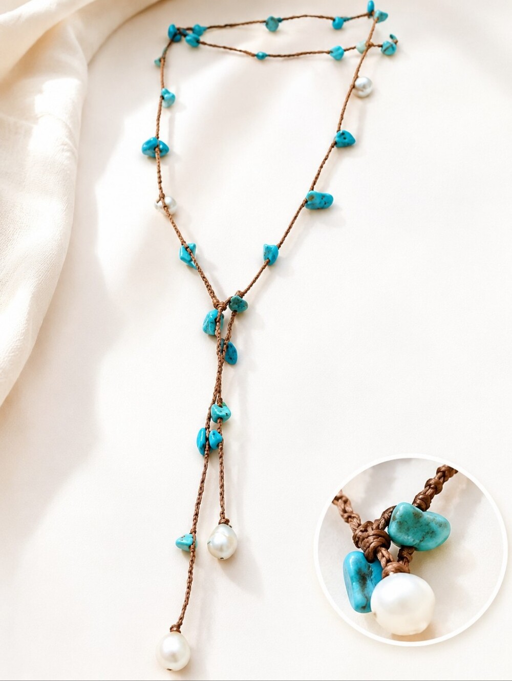 Handcrafted Turquoise Pearl Lariat Necklace Boho Southwestern Beaded Tie Necklac